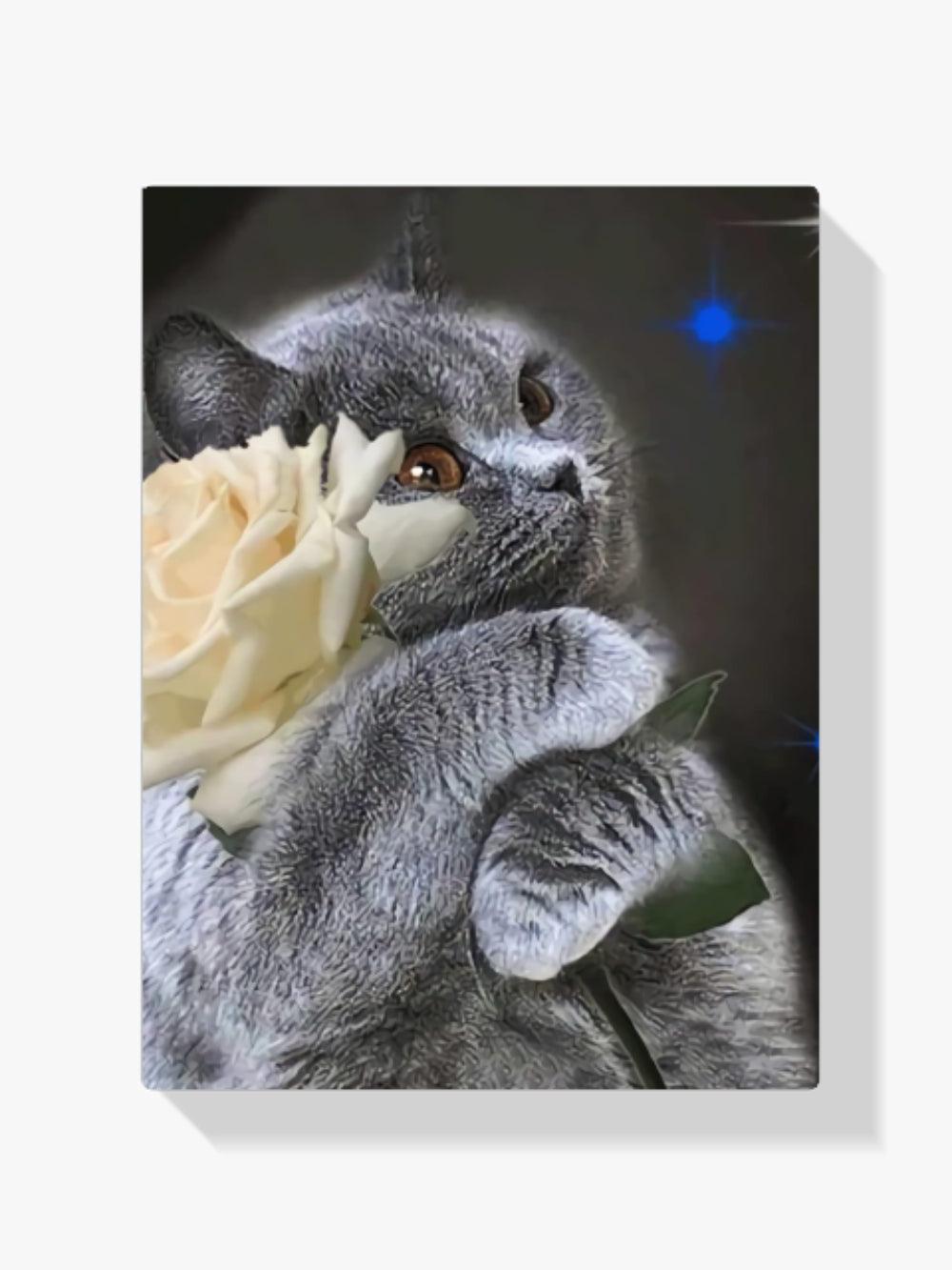 Diamantmaling Kat med hvid rose - SEOS Shop ®