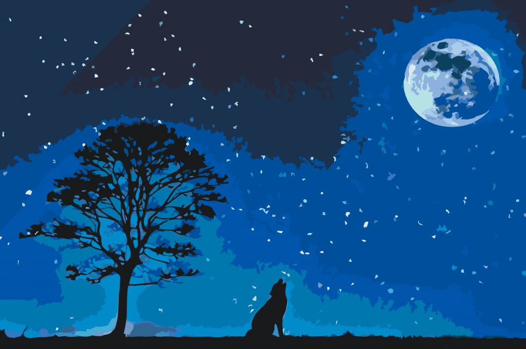 Diamantmaleri - Hylende hund ved fuldmåne - SEOS®