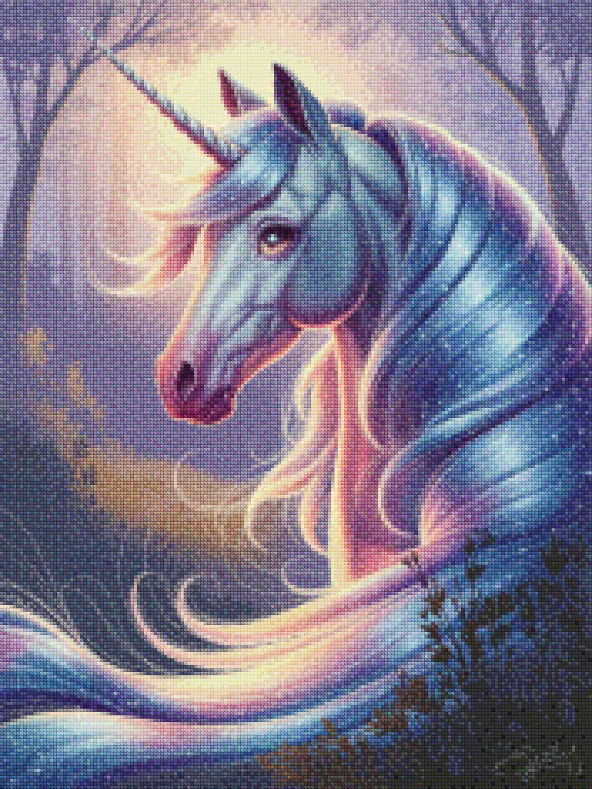 Diamantmaleri - Drømmende enhjørningshoved med flagrende manke