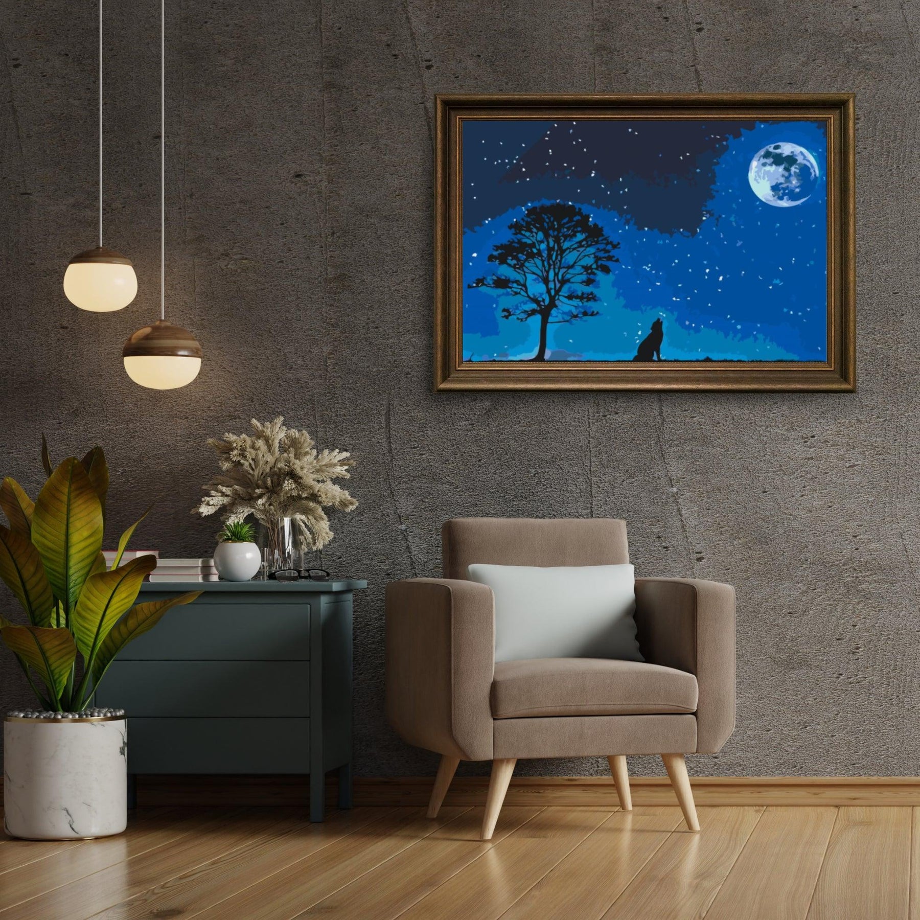 Diamantmaleri - Hylende hund ved fuldmåne - SEOS®