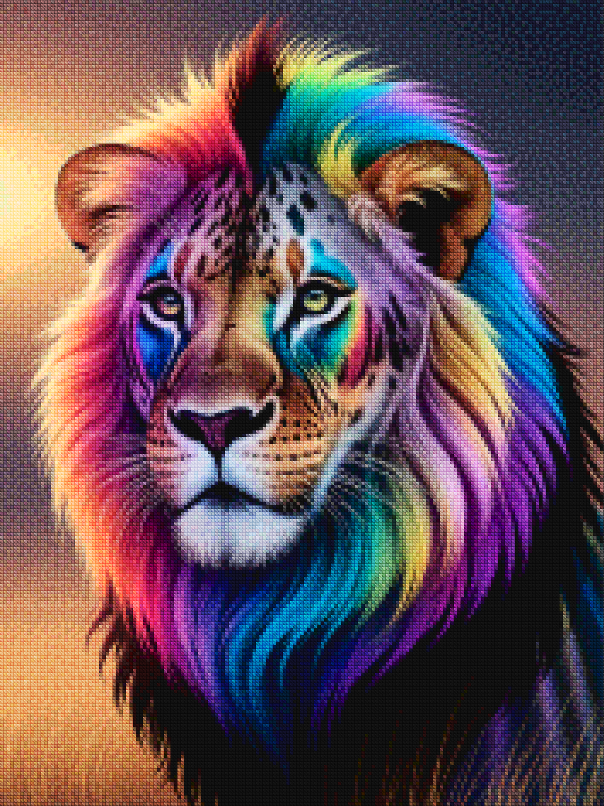 Diamantmaleri - Regnbueformet løveansigt med klare, hvirvlende farver