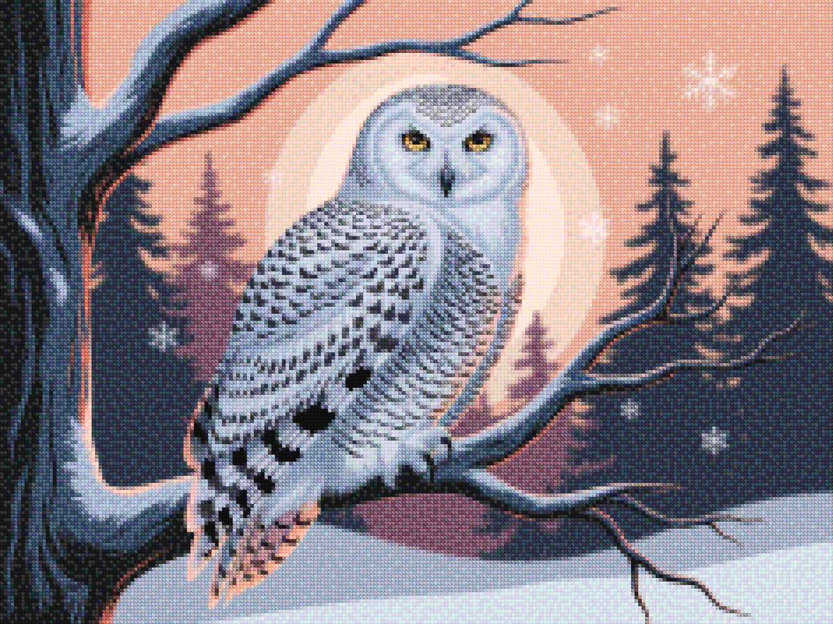 Diamantmaleri - Sneugle med gennemtrængende gule øjne