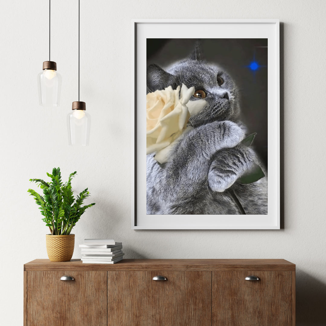 Diamantmaling Kat med hvid rose - SEOS Shop ®