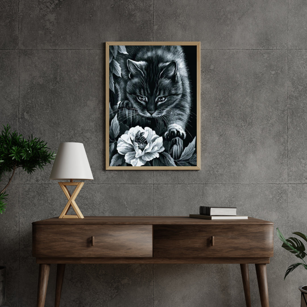 Diamantmaling Sort kat med blomst og bi - SEOS Shop ®