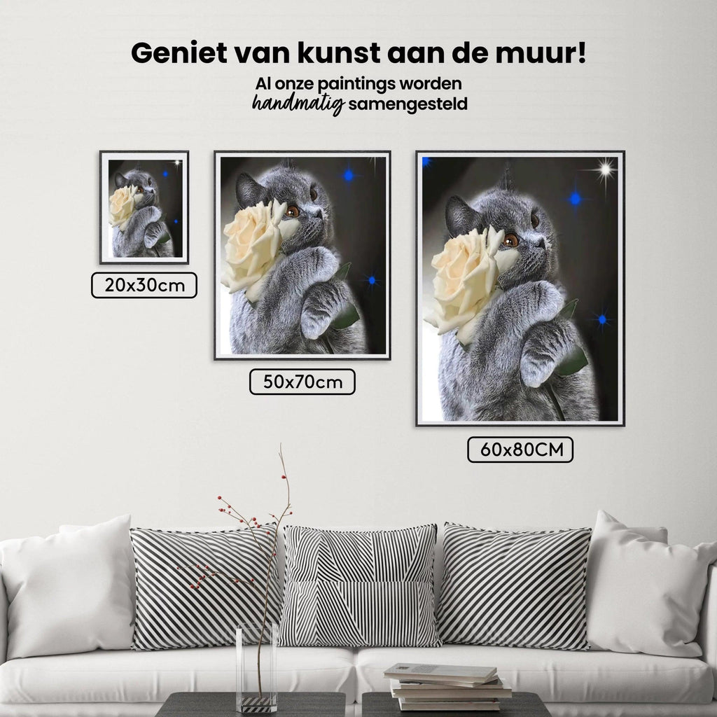 Diamantmaling Kat med hvid rose - SEOS Shop ®