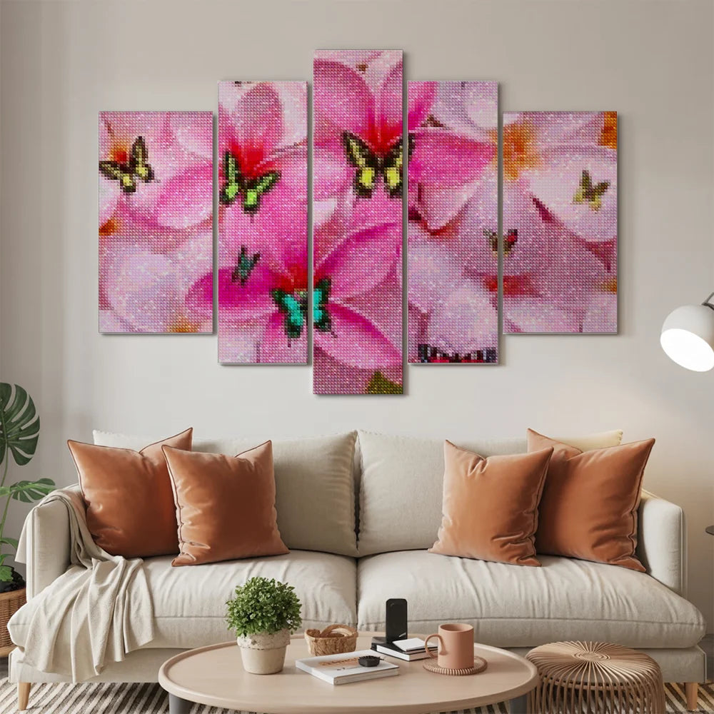 Diamantmaling Farvede Sommerfugle på Lyserøde Blomster 5-panel - SEOS Shop ®