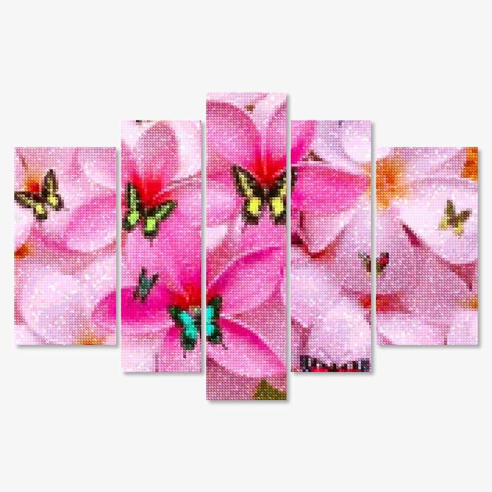 Diamantmaling Farvede Sommerfugle på Lyserøde Blomster 5-panel - SEOS Shop ®