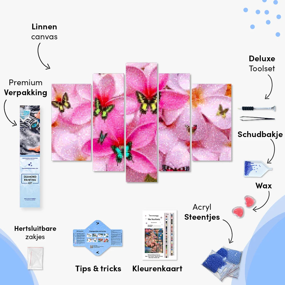 Diamantmaling Farvede Sommerfugle på Lyserøde Blomster 5-panel - SEOS Shop ®