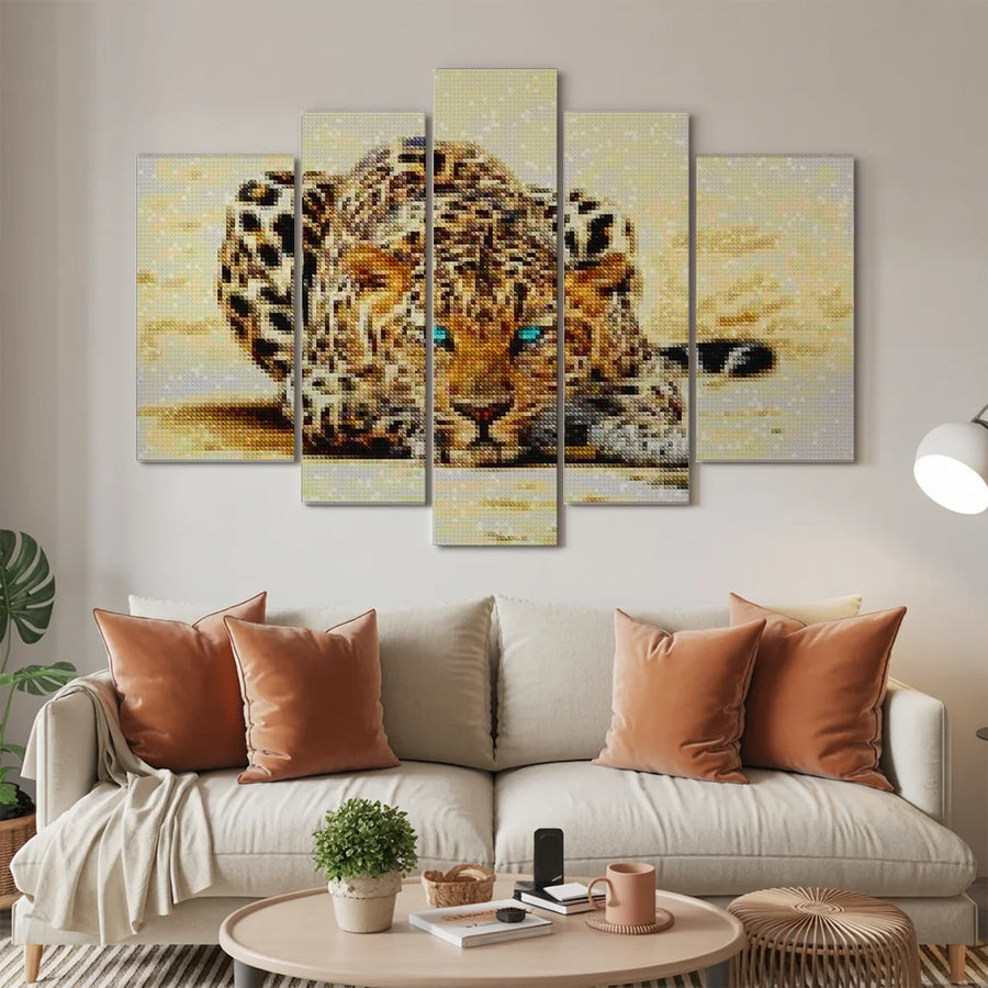 Diamantmaleri Leopard med blå øjne, 5-panel - SEOS Shop ®