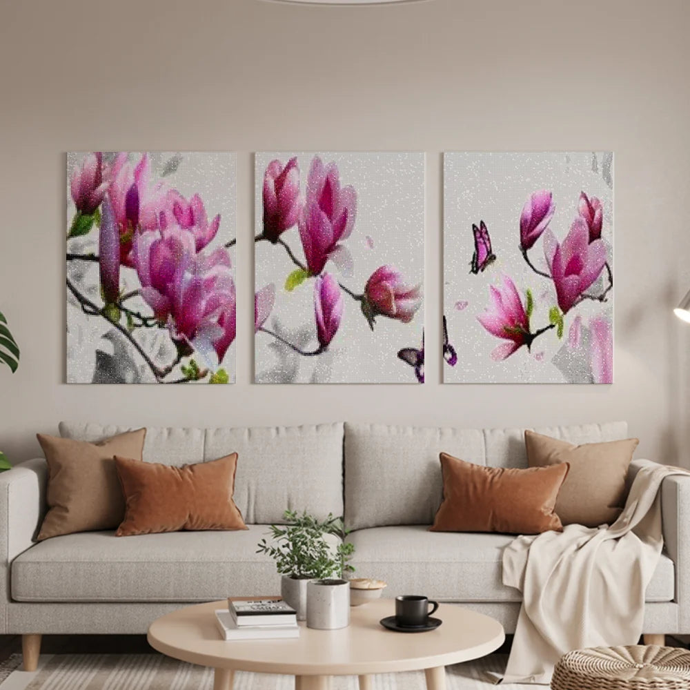 Diamantmaling lyserøde blomster med sommerfugl 3-paneler - SEOS Shop ®