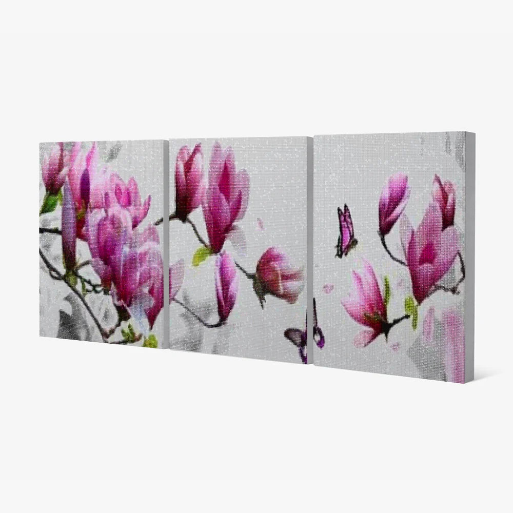 Diamantmaling lyserøde blomster med sommerfugl 3-paneler - SEOS Shop ®