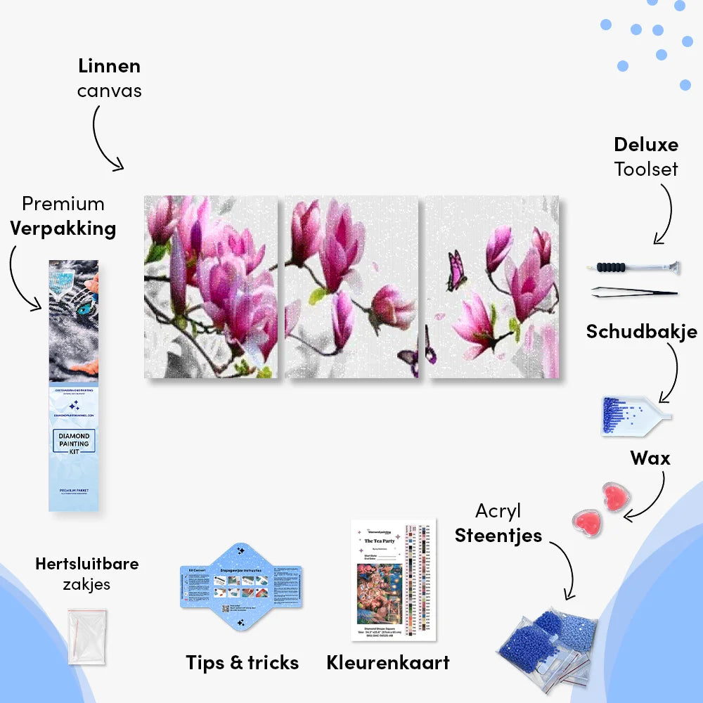 Diamantmaling lyserøde blomster med sommerfugl 3-paneler - SEOS Shop ®