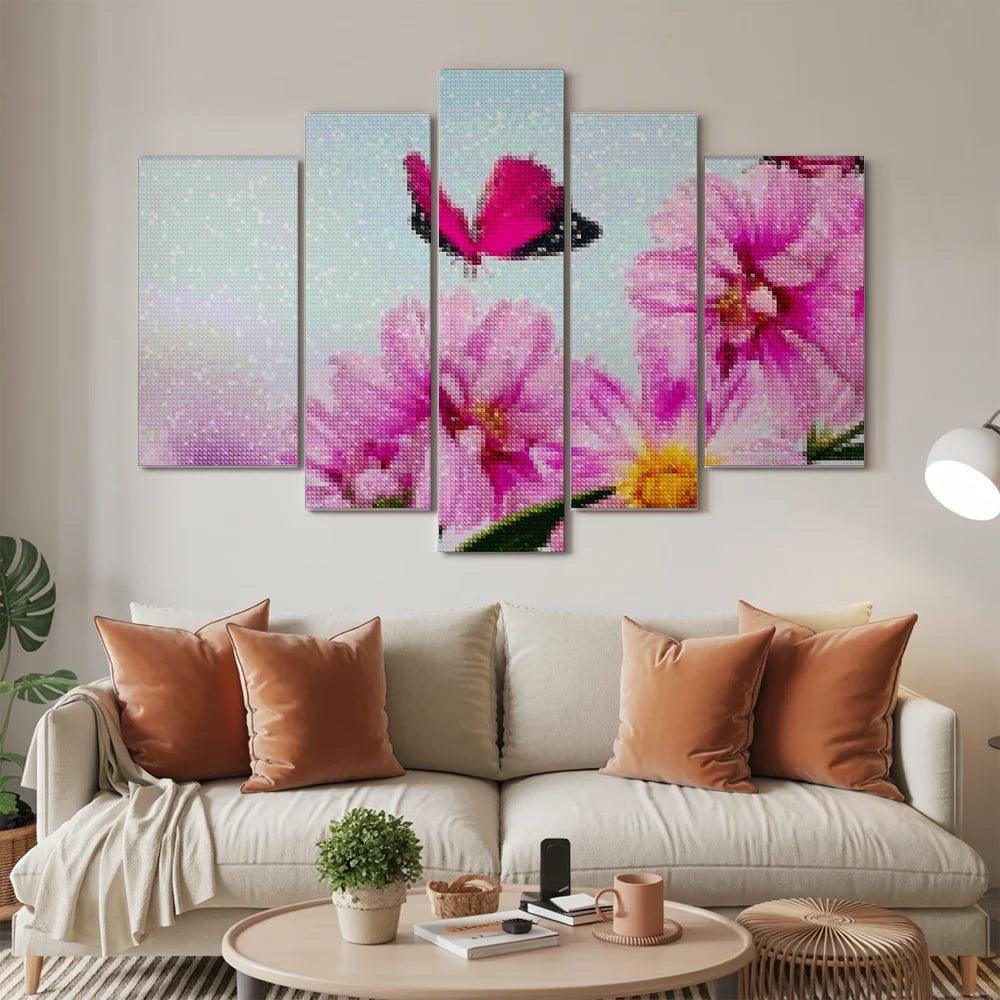 Diamantmaleri Lyserød sommerfugl på lyserød blomst, 5-panel - SEOS Shop ®
