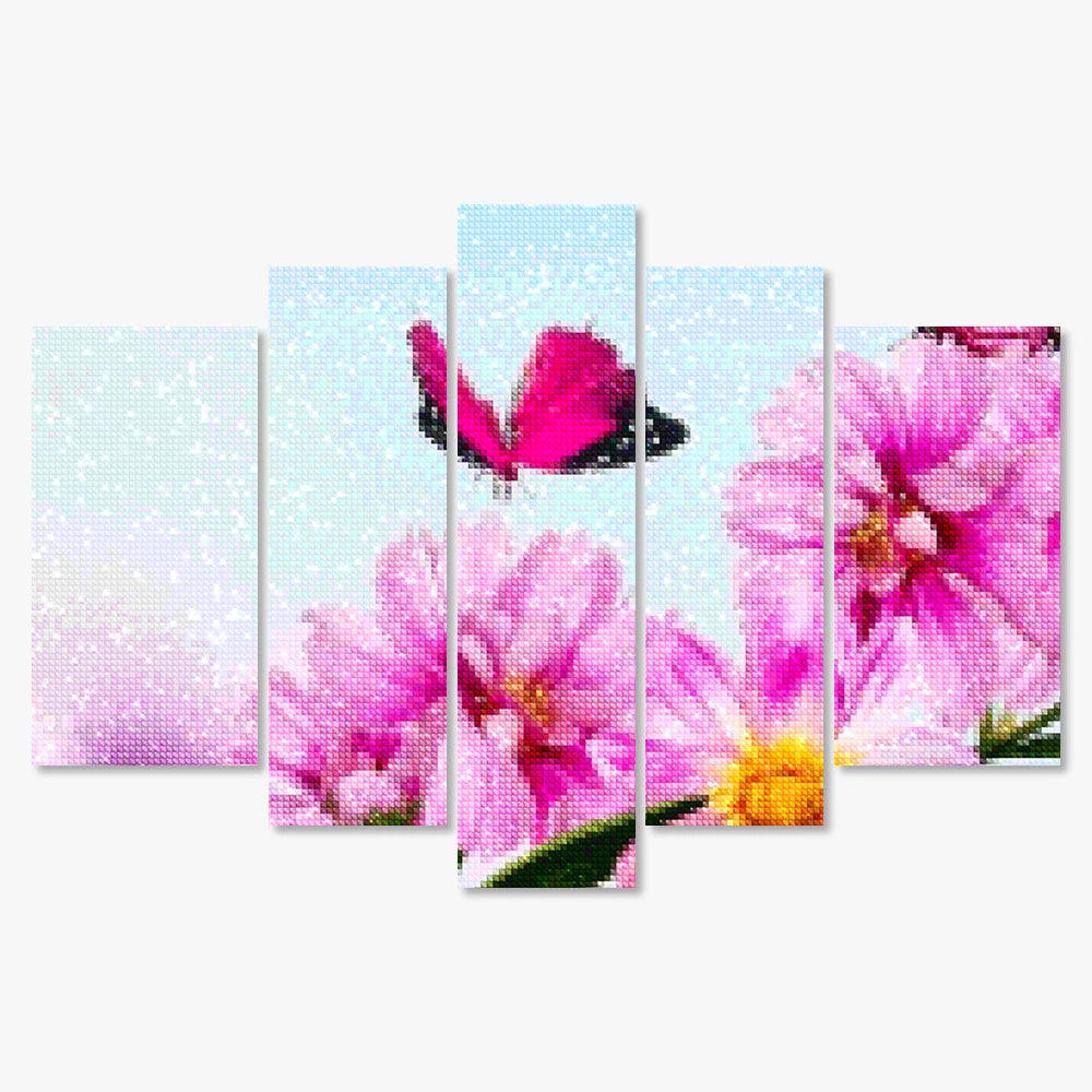 Diamantmaleri Lyserød sommerfugl på lyserød blomst, 5-panel - SEOS Shop ®