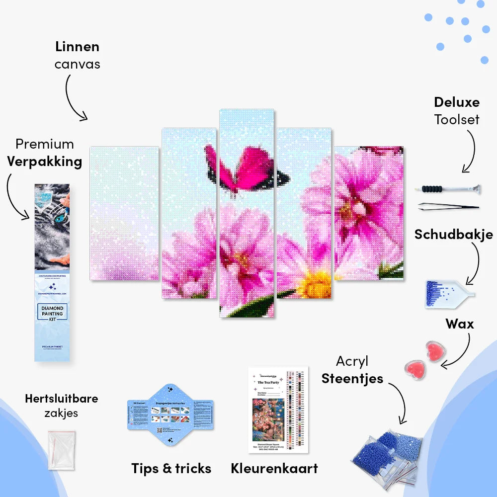 Diamantmaleri Lyserød sommerfugl på lyserød blomst, 5-panel - SEOS Shop ®