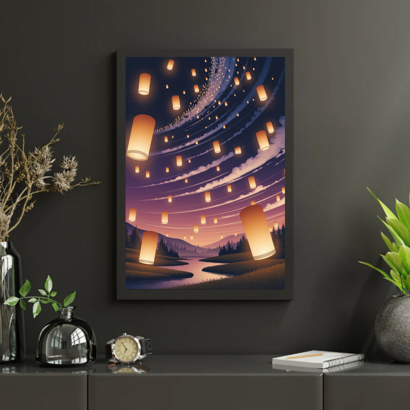 Diamantmaleri - Glødende lanterner svæver på nattehimlen