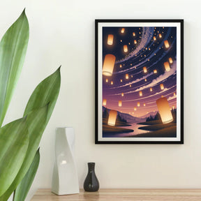 Diamantmaleri - Glødende lanterner svæver på nattehimlen