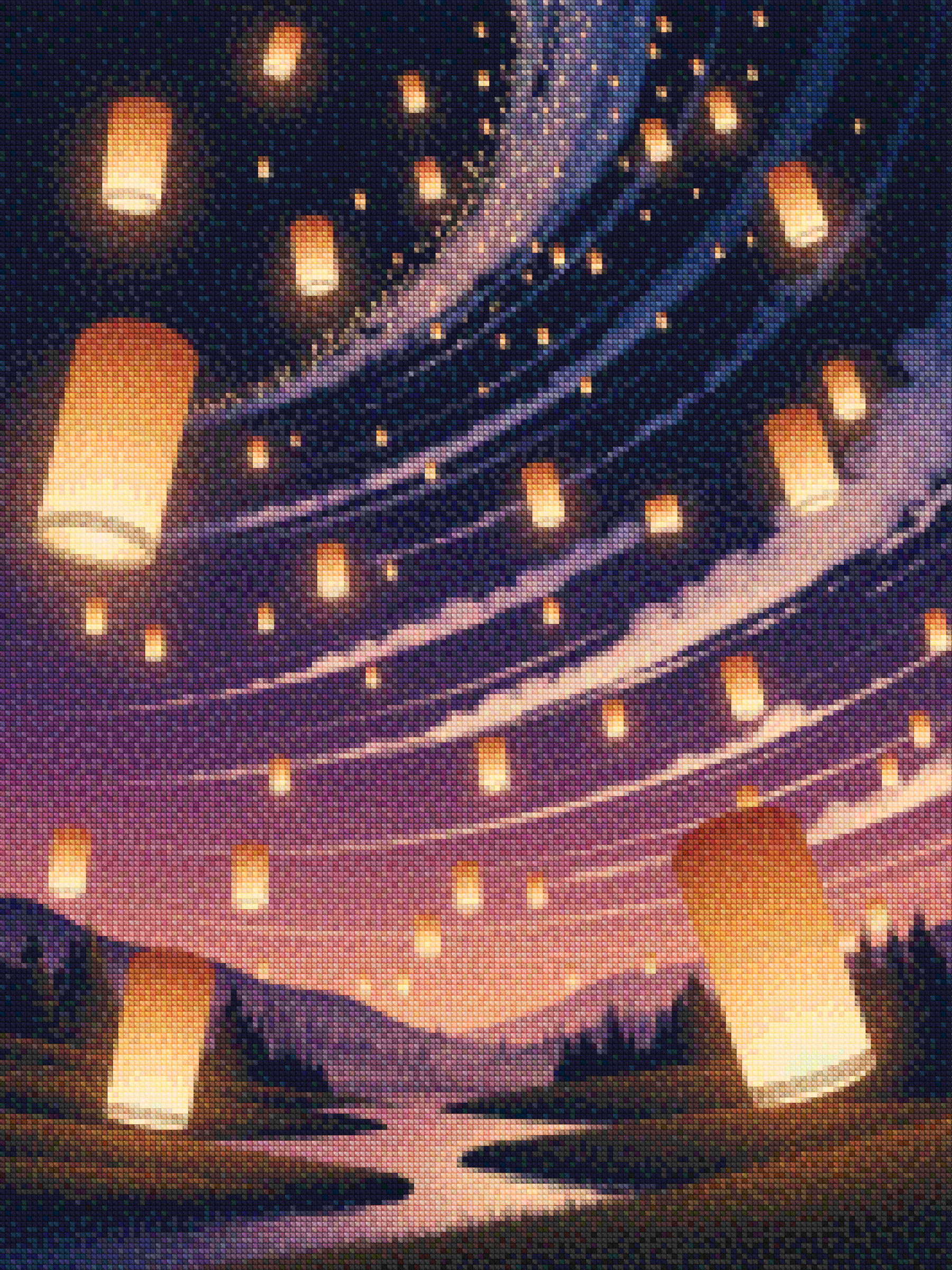 Diamantmaleri - Glødende lanterner svæver på nattehimlen