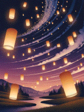 Diamantmaleri - Glødende lanterner svæver på nattehimlen