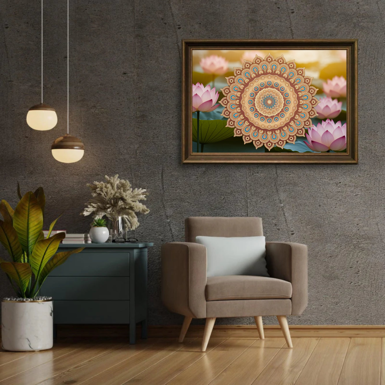 Diamantmaleri - Gylden mandala med indviklede detaljer