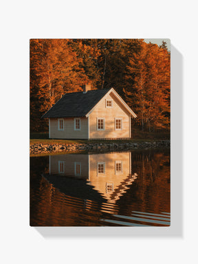 Diamantmaleri - Hus ved en sø med refleksioner i vandet