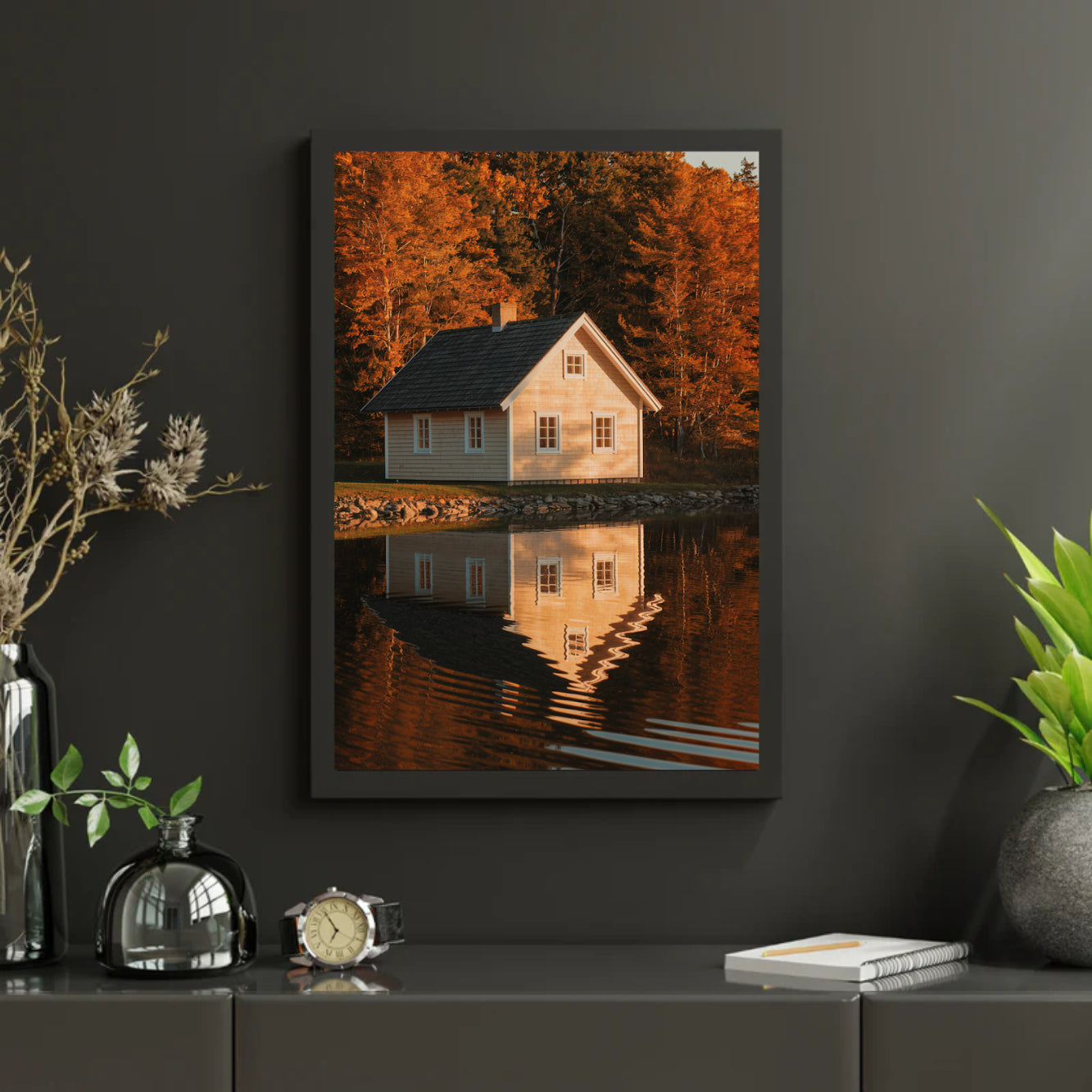 Diamantmaleri - Hus ved en sø med refleksioner i vandet