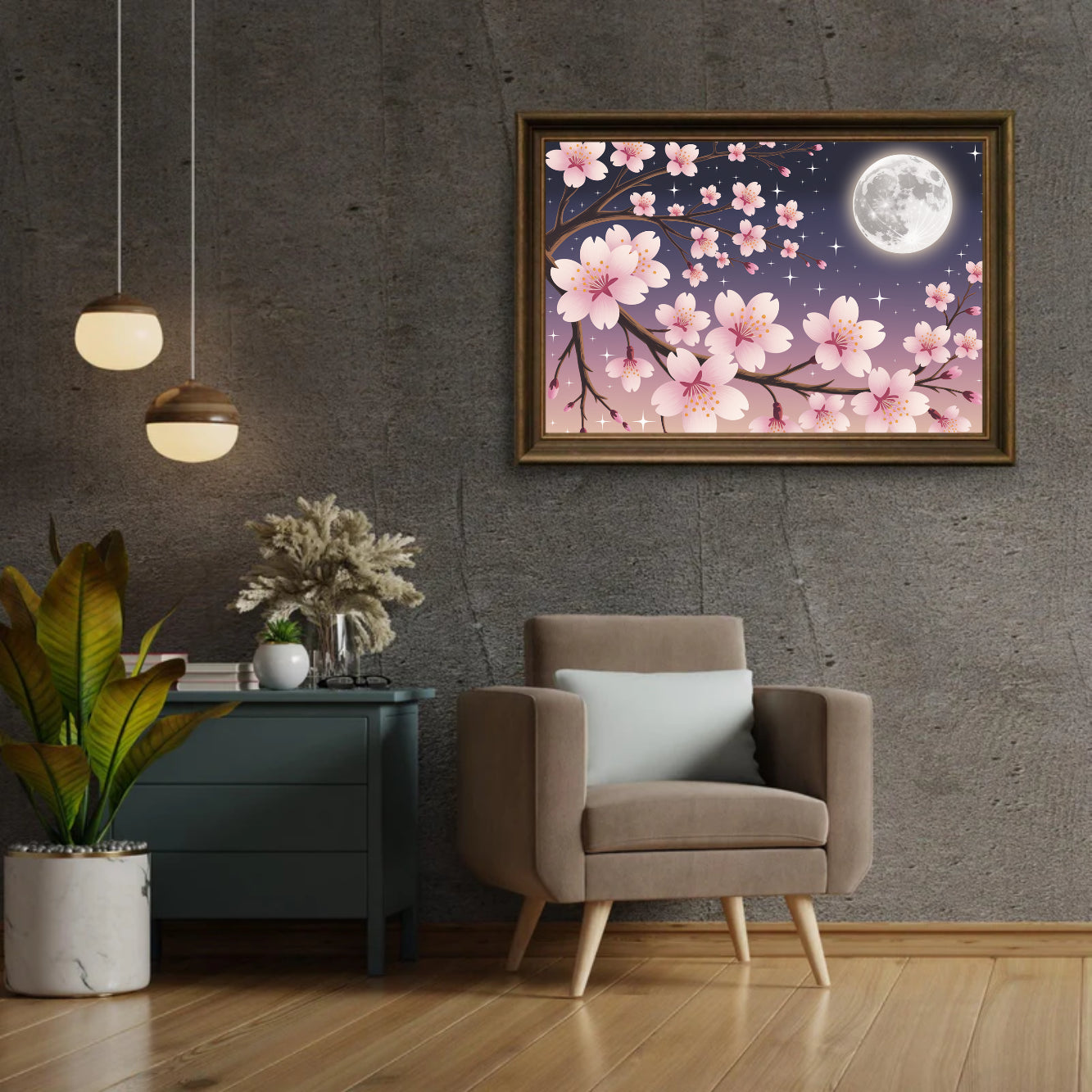 Diamantmaleri - Kirsebærblomster mod en månebelyst himmel