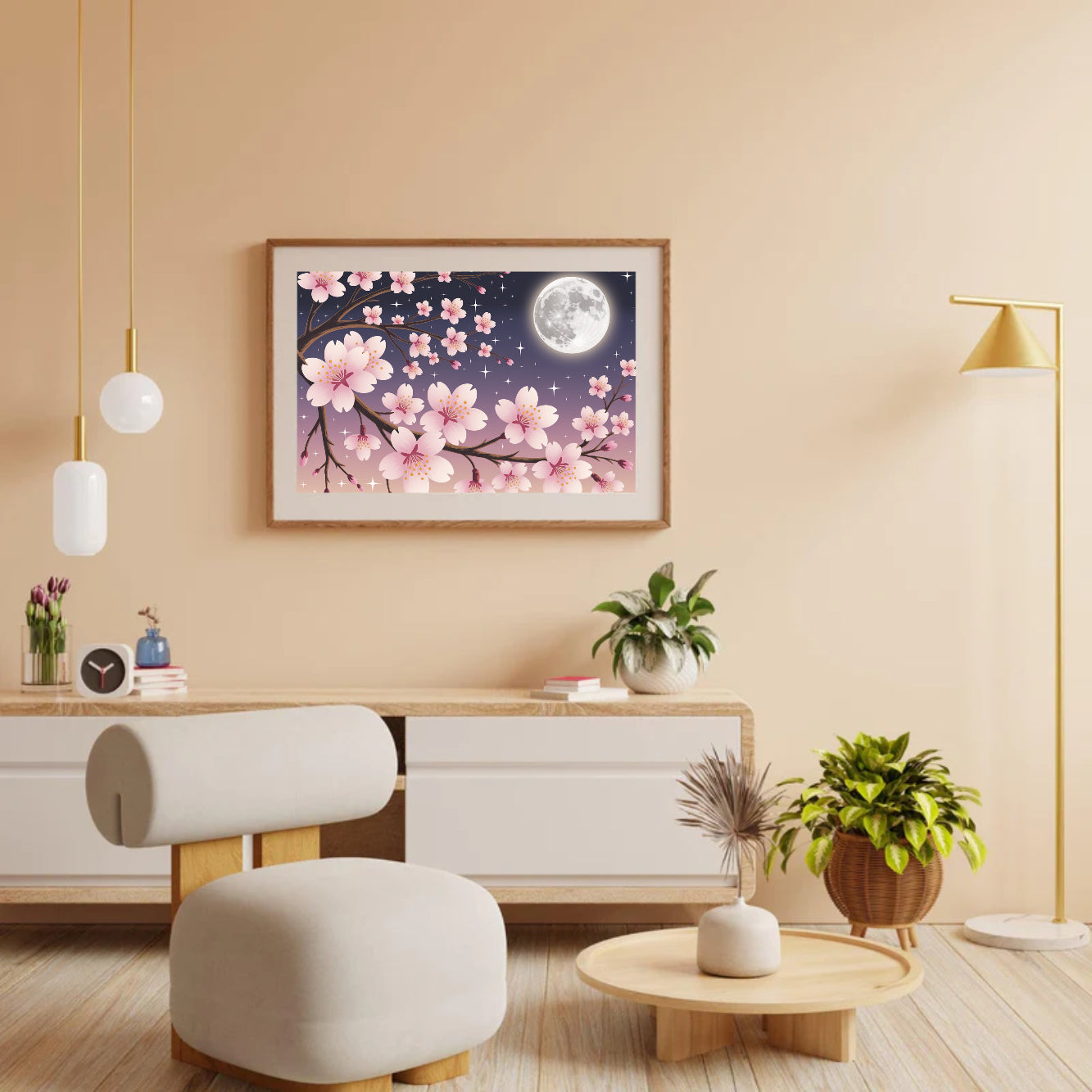 Diamantmaleri - Kirsebærblomster mod en månebelyst himmel