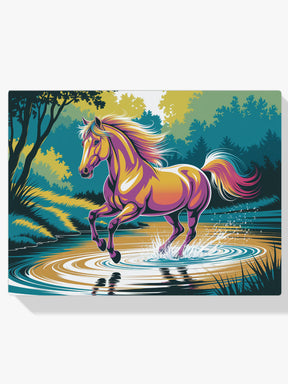 Diamantmaleri - Farverig hest galoperer gennem vand