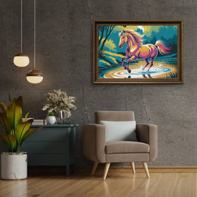 Diamantmaleri - Farverig hest galoperer gennem vand