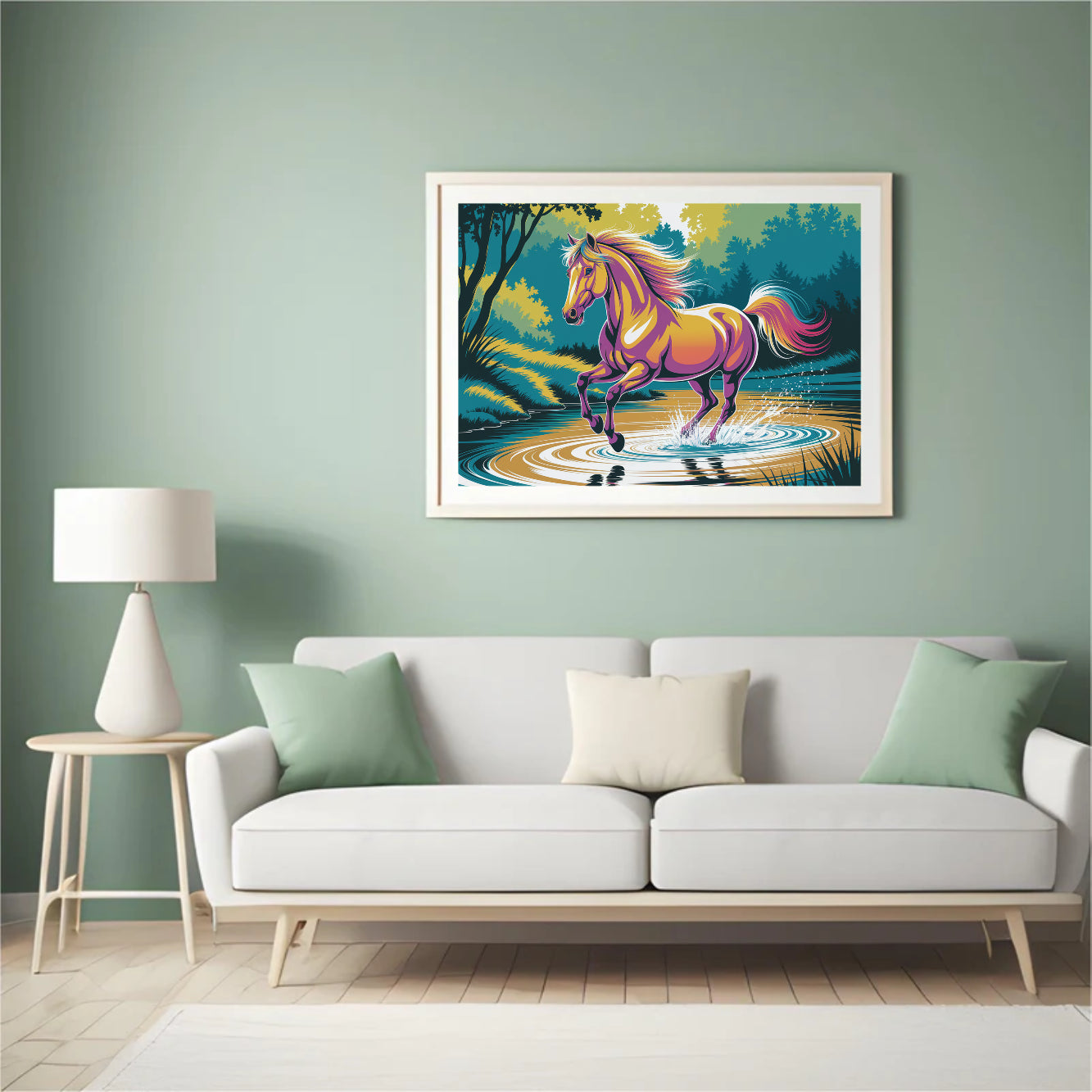 Diamantmaleri - Farverig hest galoperer gennem vand