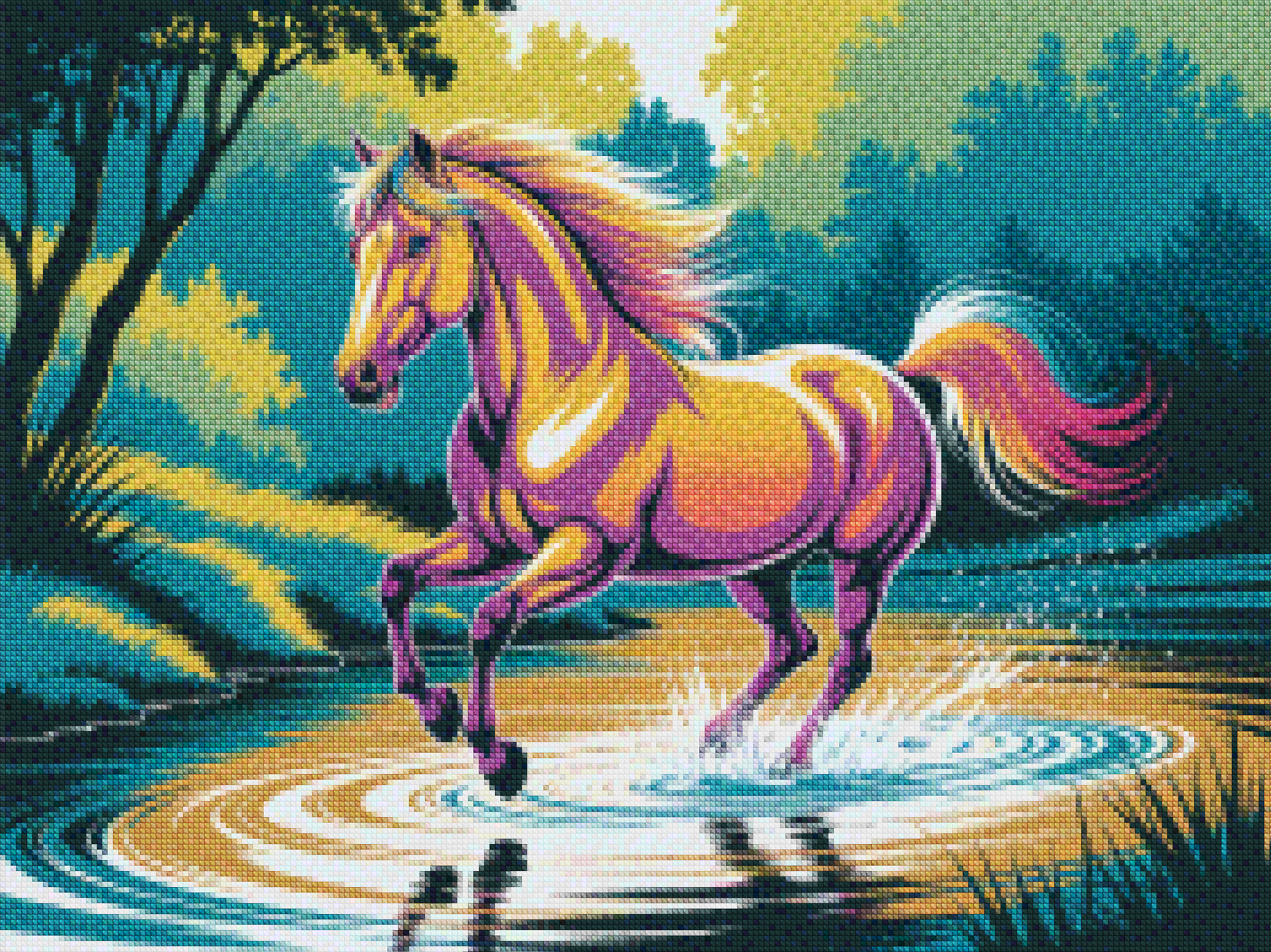Diamantmaleri - Farverig hest galoperer gennem vand