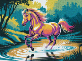 Diamantmaleri - Farverig hest galoperer gennem vand