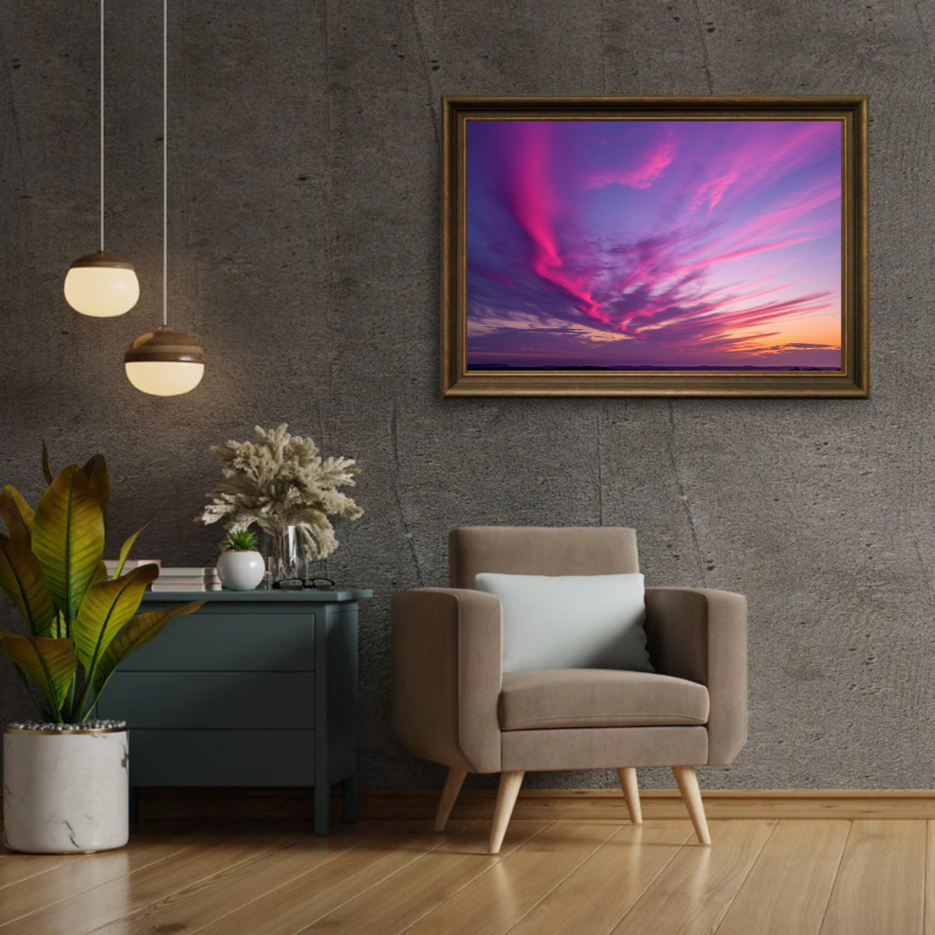 Diamantmaleri - Lilla og lyserøde skyer ved solnedgang