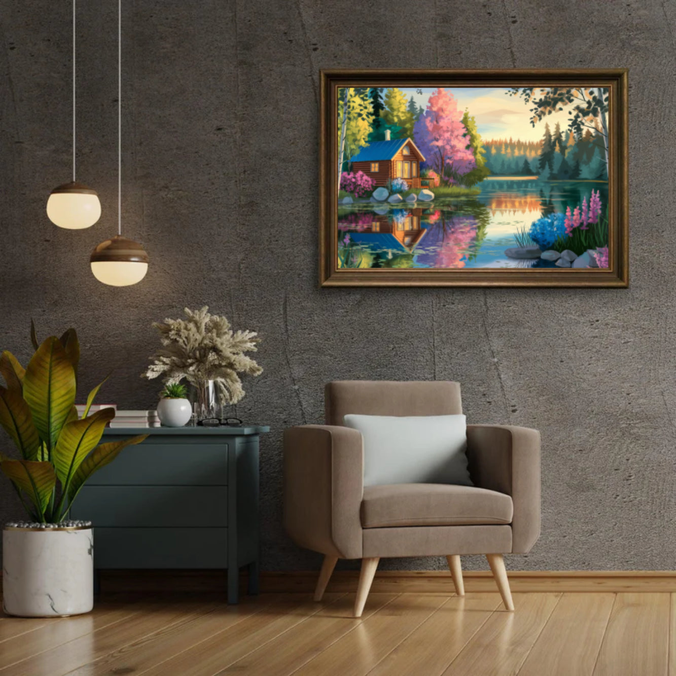 Diamantmaleri - Stille hytte ved søen