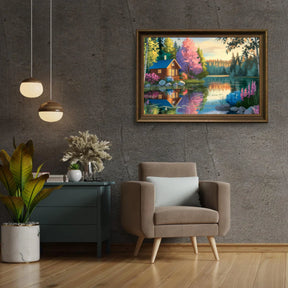 Diamantmaleri - Stille hytte ved søen