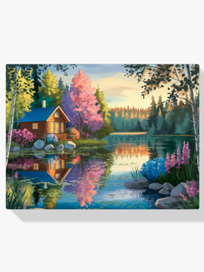 Diamantmaleri - Stille hytte ved søen