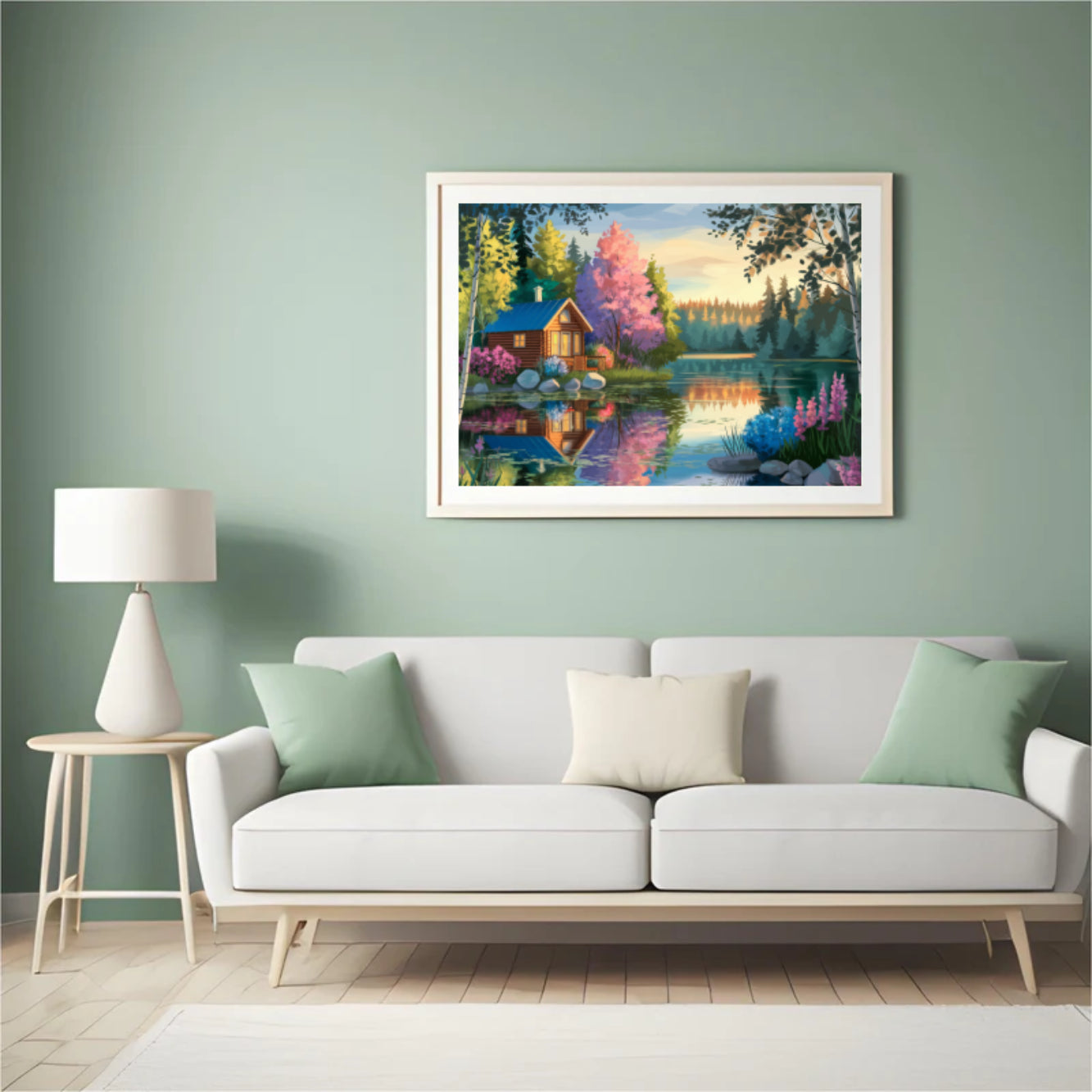 Diamantmaleri - Stille hytte ved søen