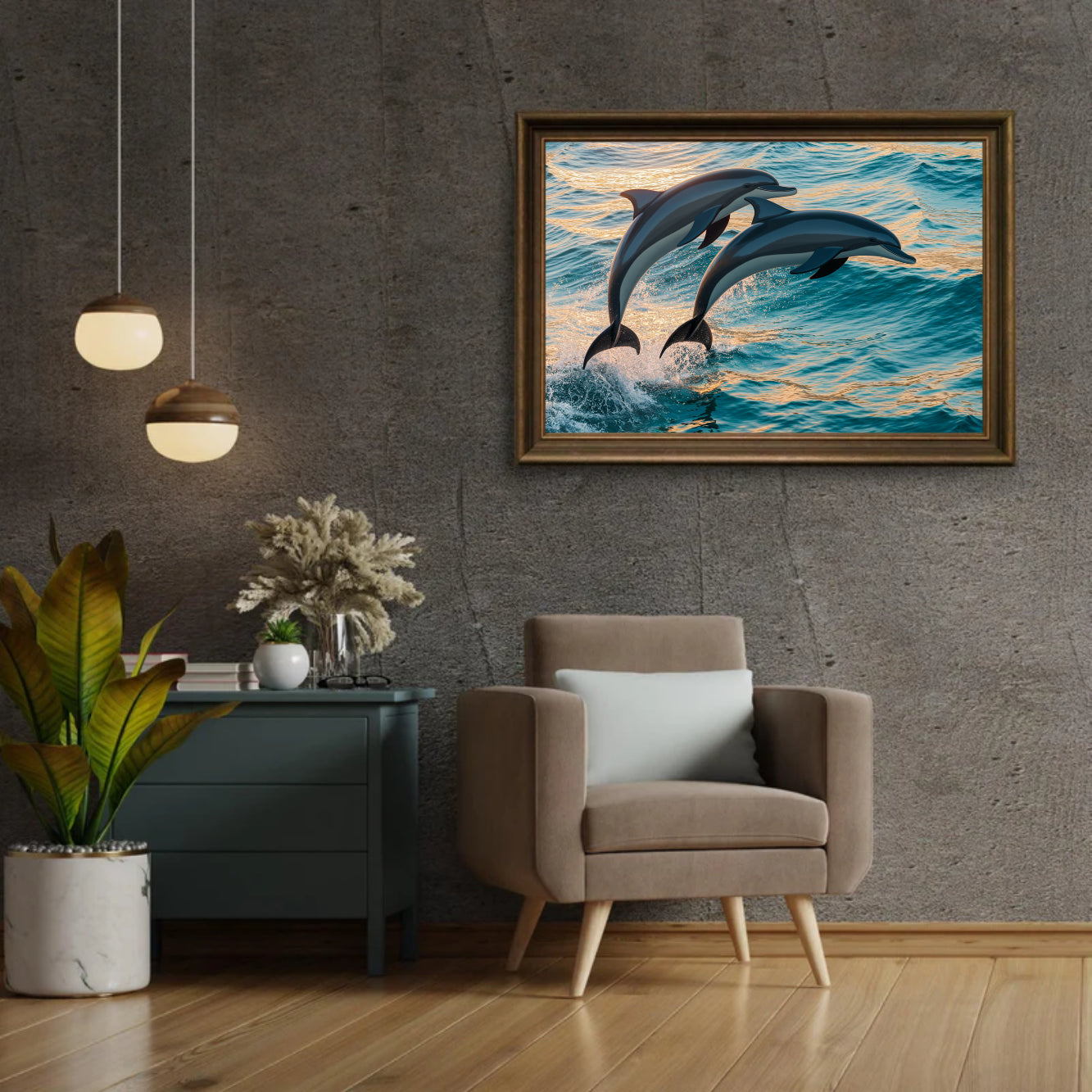 Diamantmaleri - Yndefuld delfinduo springer op af havet V2