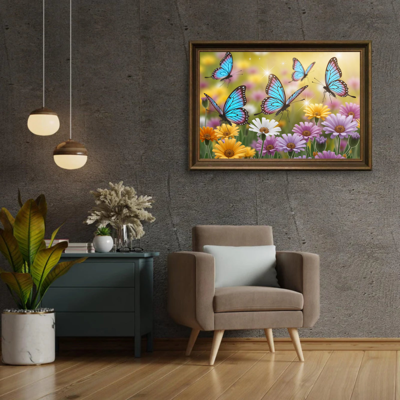 Diamantmaleri - Sommerfugle med glittervinger på blomster