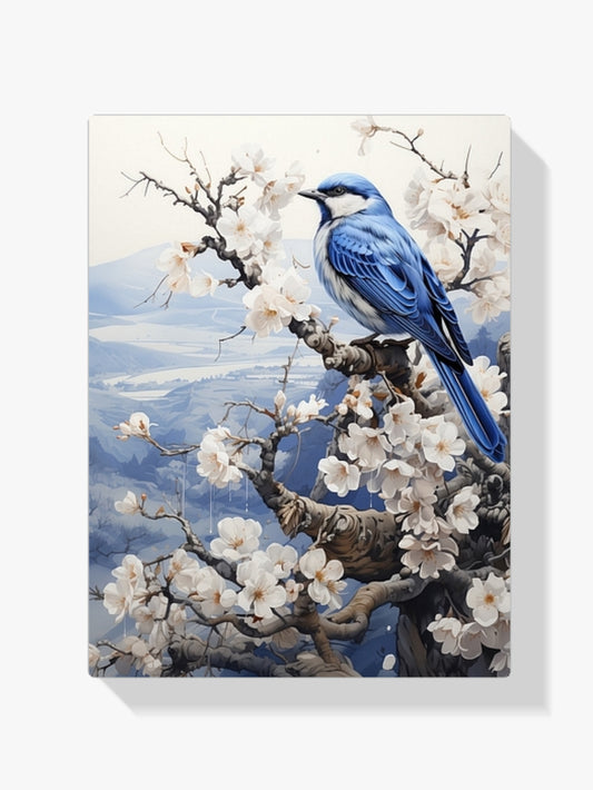 Diamantmaleri - Fugl i Delftblåt i et vinterlandskab