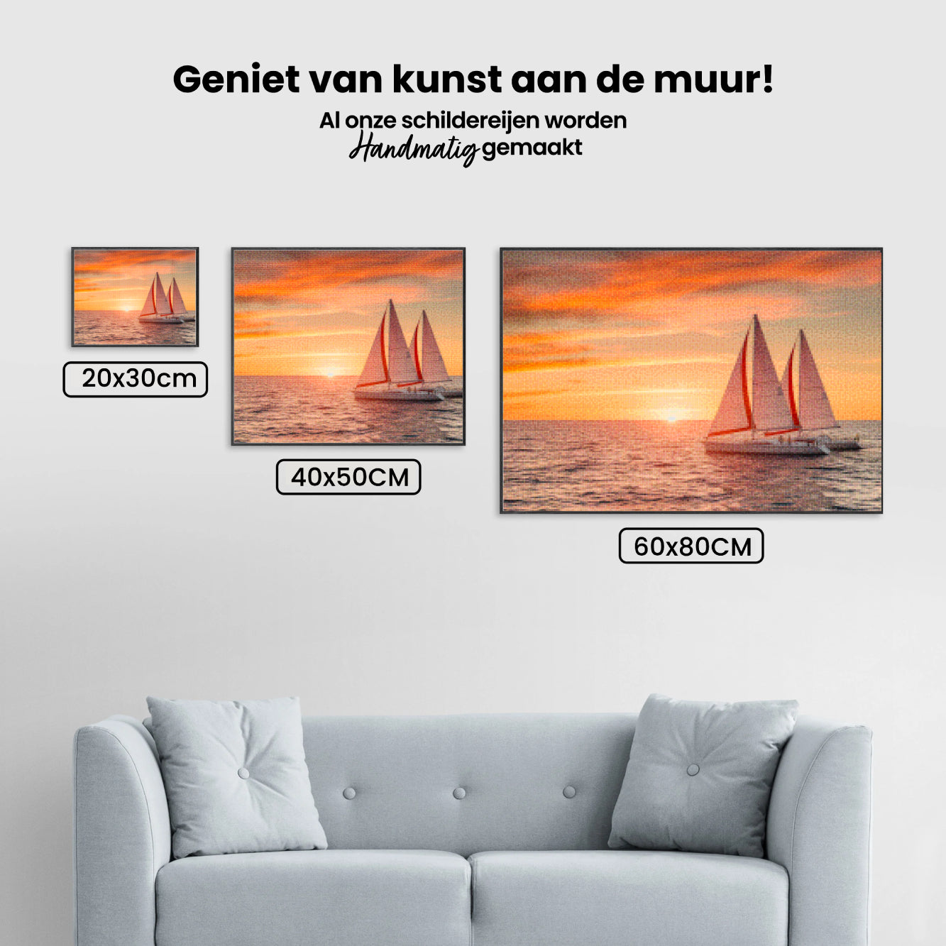 Diamantmaleri - Fyldig solnedgang over havet med sejlbåde