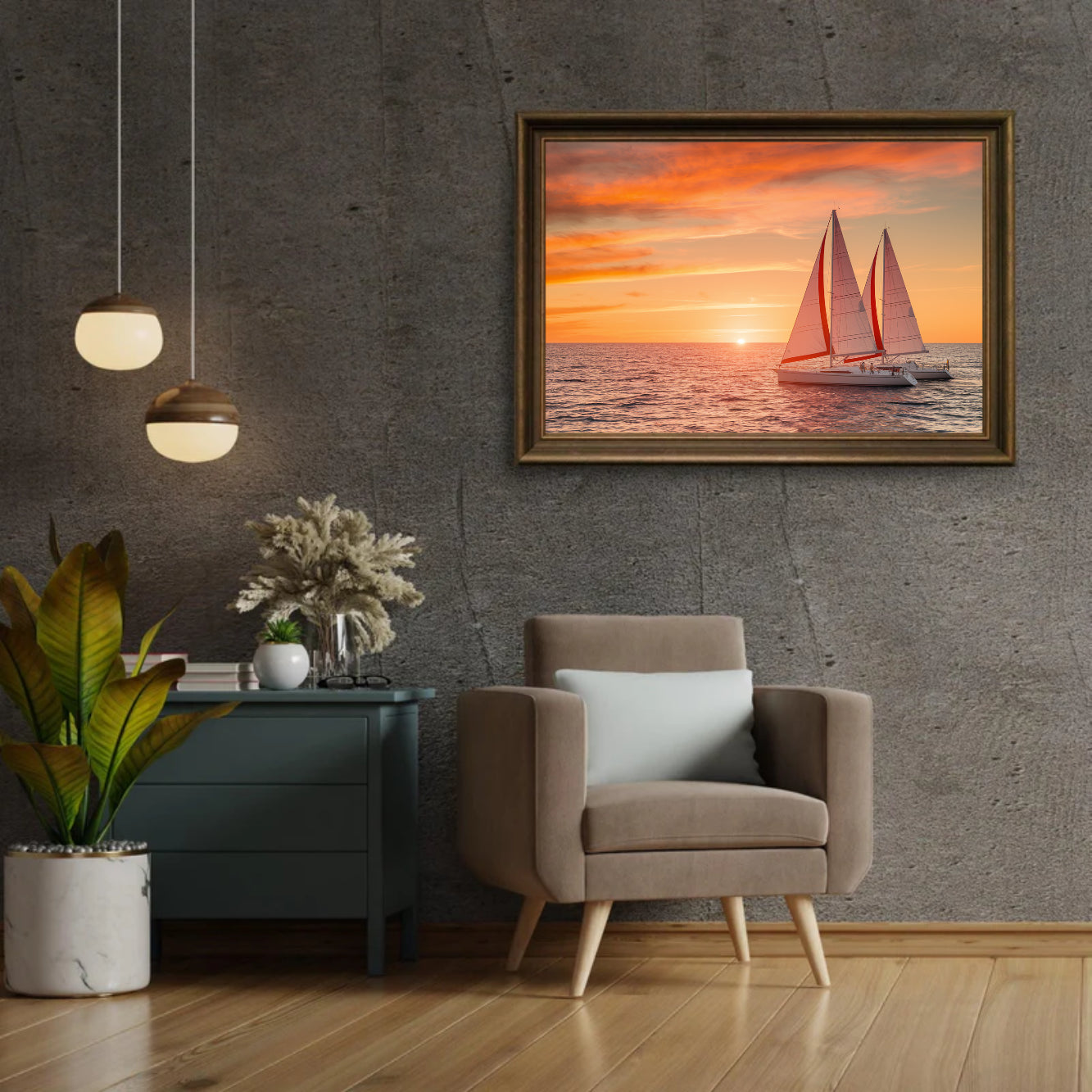 Diamantmaleri - Fyldig solnedgang over havet med sejlbåde