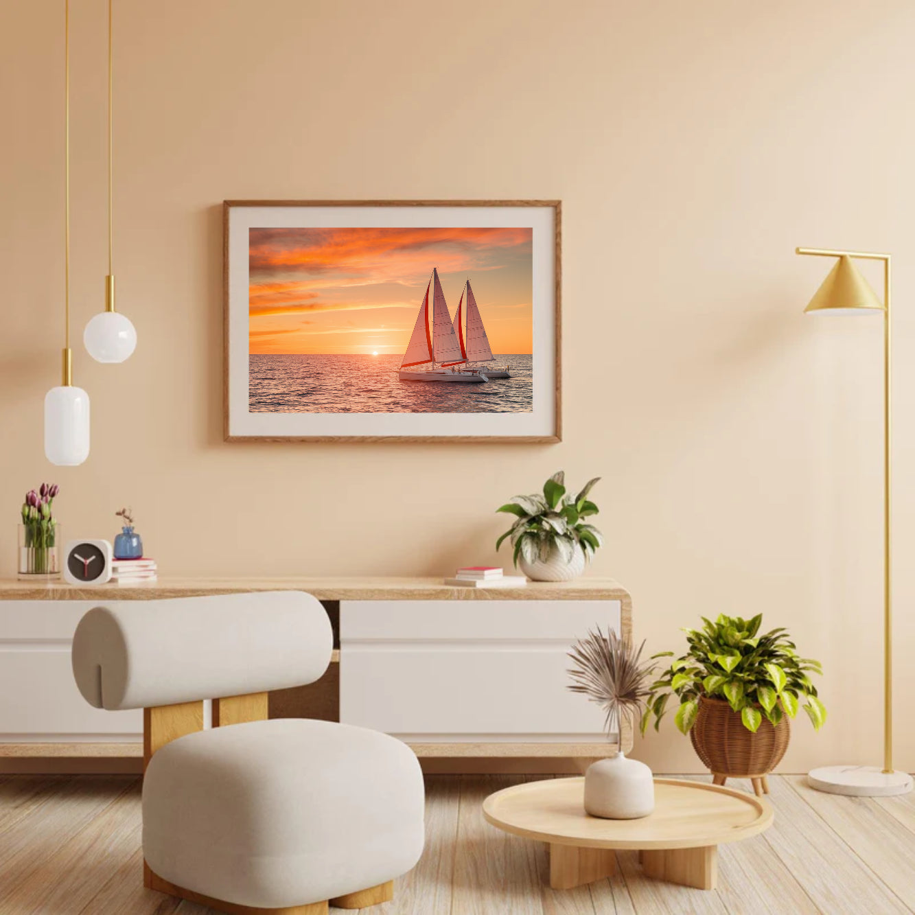 Diamantmaleri - Fyldig solnedgang over havet med sejlbåde