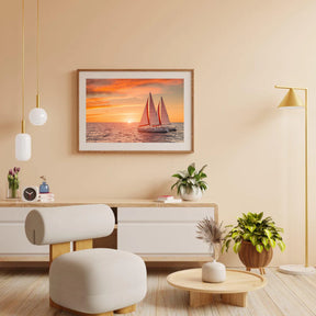 Diamantmaleri - Fyldig solnedgang over havet med sejlbåde