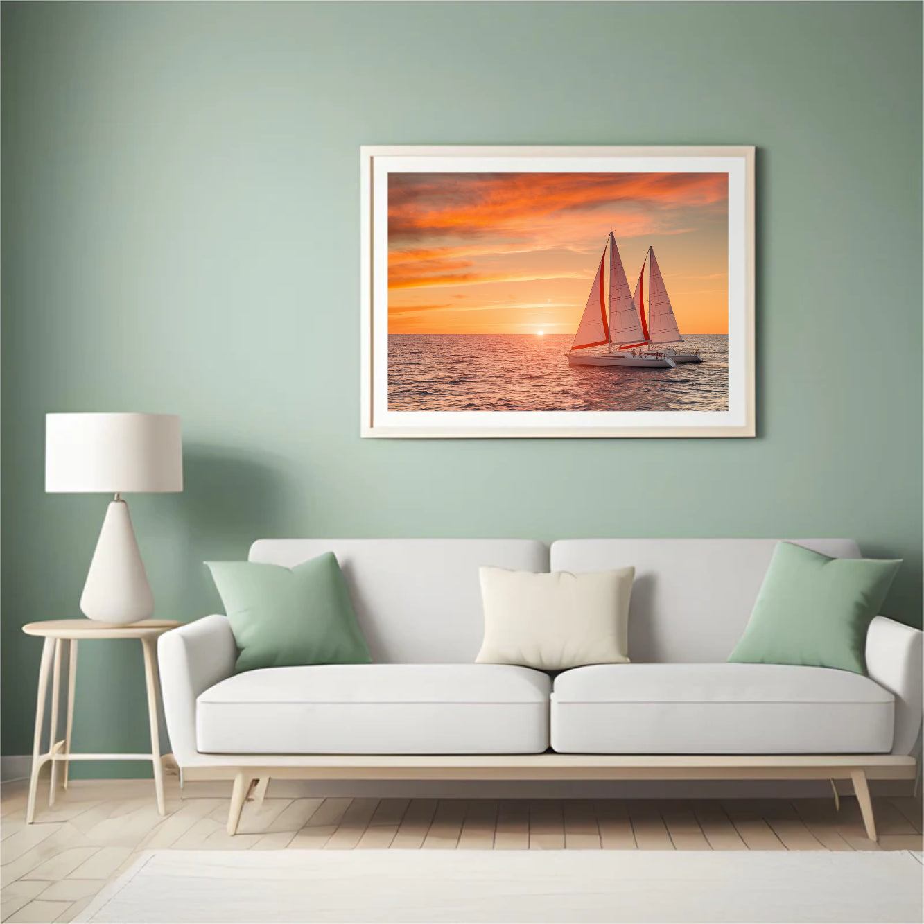 Diamantmaleri - Fyldig solnedgang over havet med sejlbåde