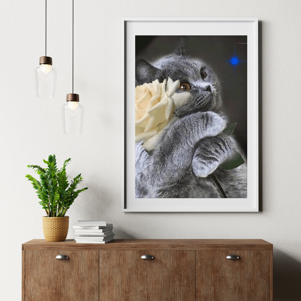 Diamantmaling Kat med hvid rose - SEOS Shop ®