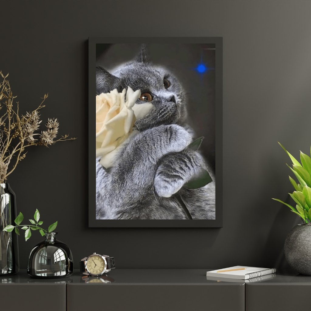 Diamantmaling Kat med hvid rose - SEOS Shop ®