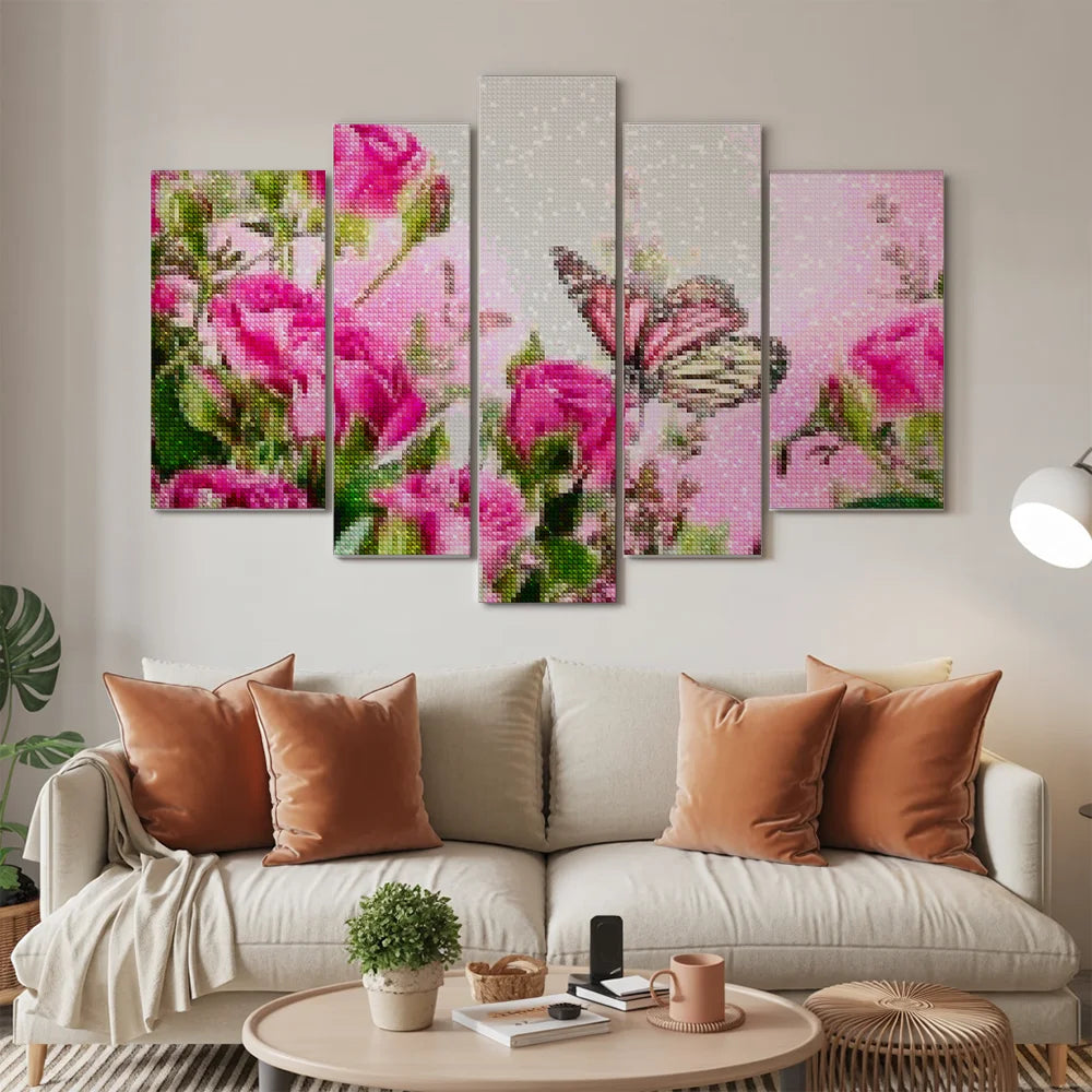 Diamantmaling Sommerfugl med lyserøde blomster, 5-panel - SEOS Shop ®
