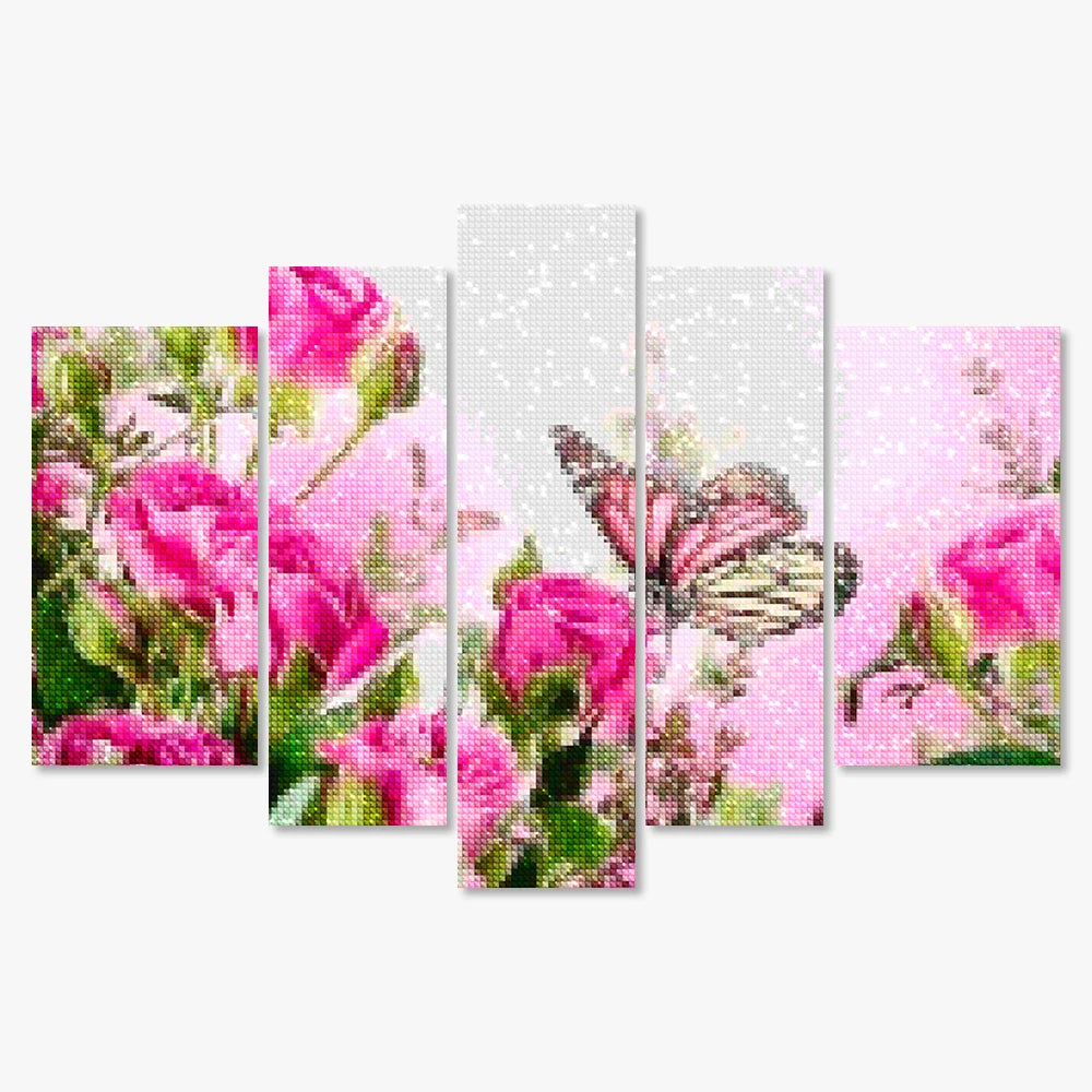 Diamantmaling Sommerfugl med lyserøde blomster, 5-panel - SEOS Shop ®